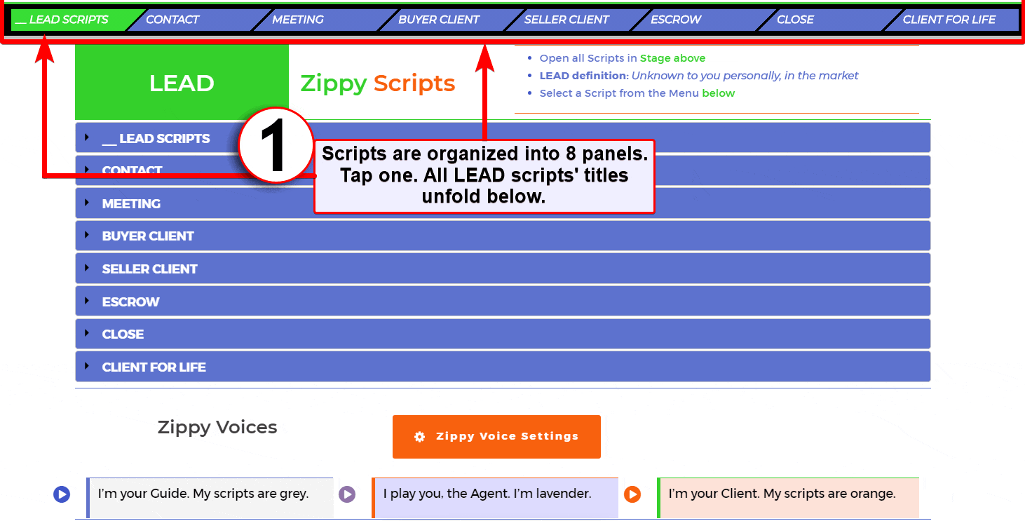 Zippy Scripts is organized into 8 panels