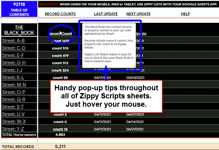 The Black Book showing pop-up tips